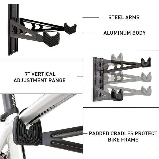 FEEDBACK SPORTS | Velo Wall Rack Bike Storage | Bicycle Hanger Mount W/Adjustable Arms | Road, Gravel, Mountain Bike Compatible | For Garage, Apartment, Shed | Black