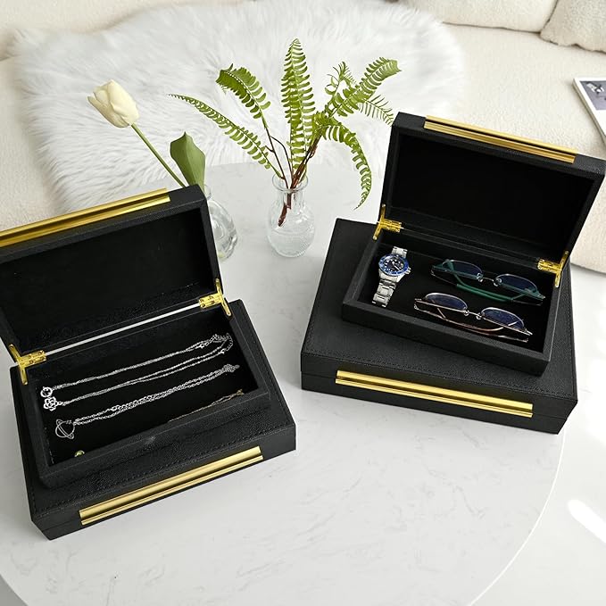Faux Shagreen Leather Jewelry Boxes Set of 4 with Gold Handles, Stackable Decorative Storage Organizer for Rings, Earrings, Vanity, Dresser, Black