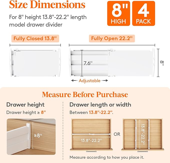 Lifewit 8" High 4 Pack Deep Drawer Dividers, 13.8-22.5" Adjustable Dresser Drawer Divider, White Drawer Organizer for Clothes, Tall Drawers Separators for Dresser, Kitchen, Bedroom, Cabinet, Office