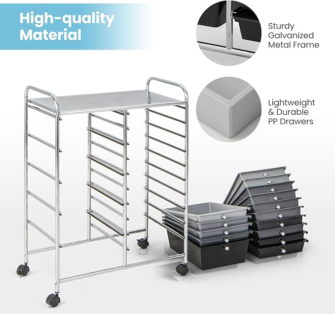 Giantex 15 Drawers Rolling Cart, Classroom Organizers, Storage Cart with Wheels, for Teacher Office Home School Supplies Tool Craft Art Paper