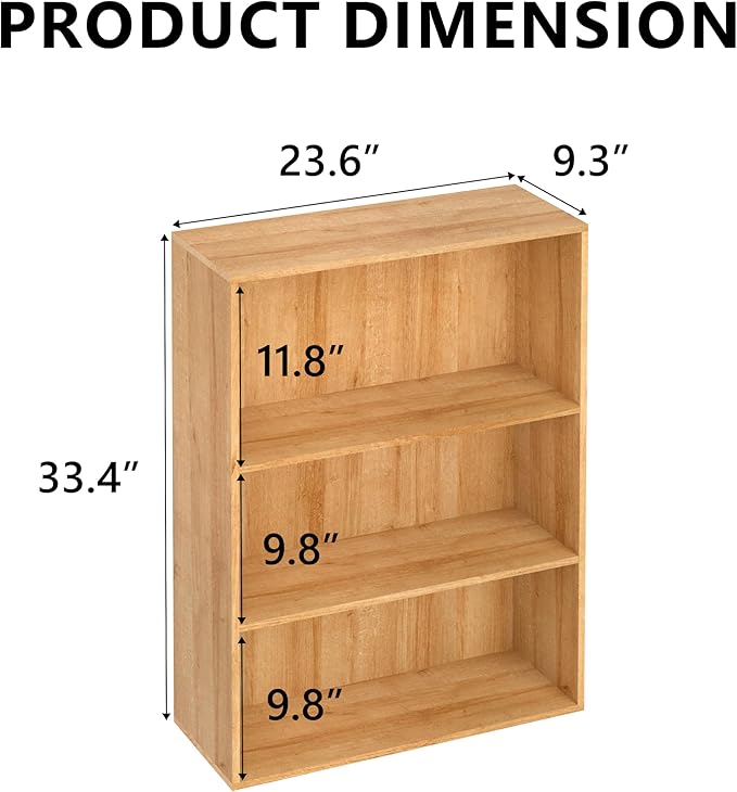 Wooden 3 Tier Book Shelf,3 Cube Storage Organizer,3 Tier Low Bookcase Storage Display Organizer, 33 Inch Versatile Cubes Shelf and Cubby Unit for Any Space (Natural Oak, 3 Cube-W(23.6inch)