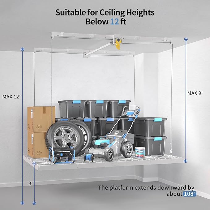 Overhead Garage Storage Rack – 4x8 FT Garage Ceiling Storage Racks with Safety Lock, Heavy-Duty Ceiling Mounted Lift System and Storage Organizer, Ideal for Maximizing Overhead Space, 325 lbs Capacity
