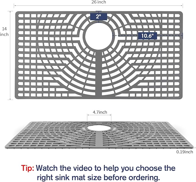 Silicone Sink Protector 26“x14" Rear Drain Hole, Heat Resistant Non-slip Dishwasher Suitable, Large Sink Mat for Bottom of Farmhouse Kitchen Stainless Steel Sinks(Grey）