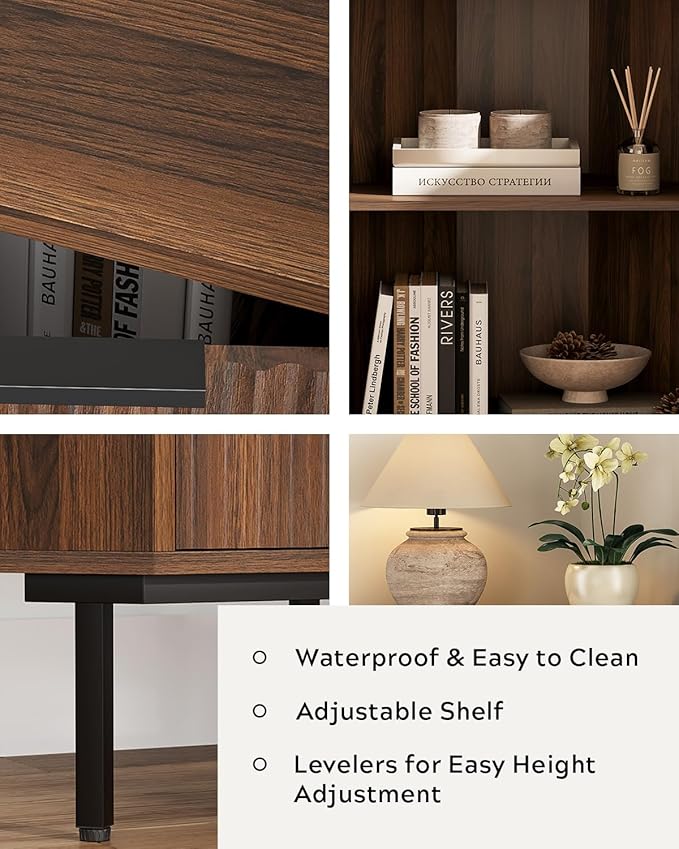 Fluted Corner Cabinet, Modern Small Floor Storage Cabinet with Adjustable Shelf, Wood Freestanding Narrow Organizer for Living Room Kitchen, Brown