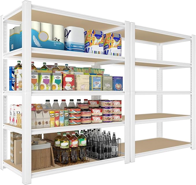 PrimeZone 28" W x 12" D x 59" H Closet Storage Shelves - 5 Tier White Metal Connector Shelving, Adjustable Heavy Duty Garage Shelves, Utility Rack Organizer Shelf for Kitchen Pantry Closet, 2 PCS