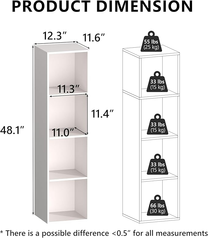 4 Cube Storage Organizer, 4 Tier Cube Bookcase Freestanding Storage Display Organizer for Home Office, Four Cubes Open Shelf Bookshelf (White, 4 Cube)
