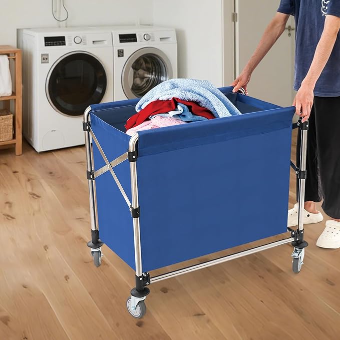 Commercial Laundry Cart with Wheels,Folding Laundry Hamper Cart,Heavy Duty Rolling Basket with Large Capacity, Sorter Trolley for Home Hotel Apartment (Blue, 34.25 * 20.47 * 30.7in)