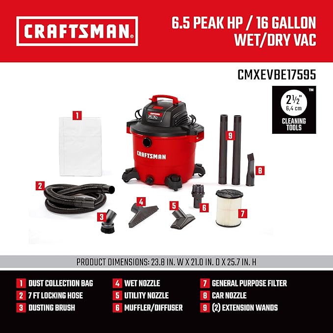 CRAFTSMAN CMXEVBE17595 16 Gallon 6.5 Peak HP Wet/Dry Vac, Heavy-Duty Shop Vacuum with Muffler Diffuser and Dusting Brush