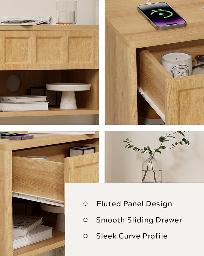 Farmhouse Floating nightstands Set of 4, Small Wall Mounted Storage Cabinet with Drawer Open Shelf, Wood Bedside End Table for Bedroom, Living Room, Natural Oak