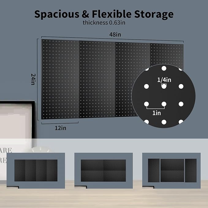 Pegboard Wall Organizer 4 PCS 24" x 12" Black Peg Board Metal Pegboard Panels for Garage Tool Storage