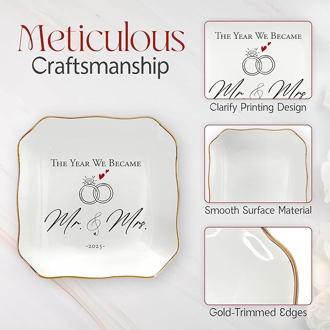 OASSIE Christmas Wedding Gifts for Couples 2025 - Mr and Mrs Gifts 4"x4" Ceramic Jewelry Dish Tray - Bridal Shower Engagement Gifts for Bride Women Newlyweds Marriage Just Married