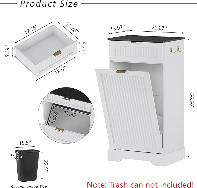 13 Gallons Tilt Out Trash Can Cabinet, Wooden Fluted Trash Garbage Can Cabinet with Drawers, Hidden Laundry Hamper with Hooks for Kitchen Living Room, White