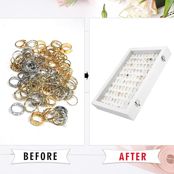 Velvet Ring Display Tray Organizer Box with Transparent Lid, 100 Slot Ring Holder Showcase For Store Display Jewelry Show Home, Ring Organizer For Rings Earrings (Ivory)