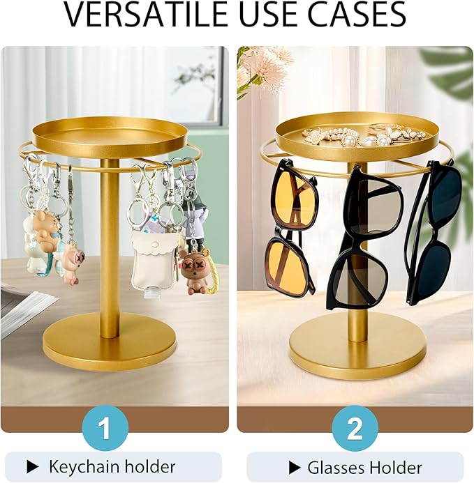 MoyRetty 360° Rotating Sunglasses Organizer - Stainless Steel Glasses Holder Stand with Jewelry Tray, Home Decor for Desk, Dresser & Nightstand(Gold)