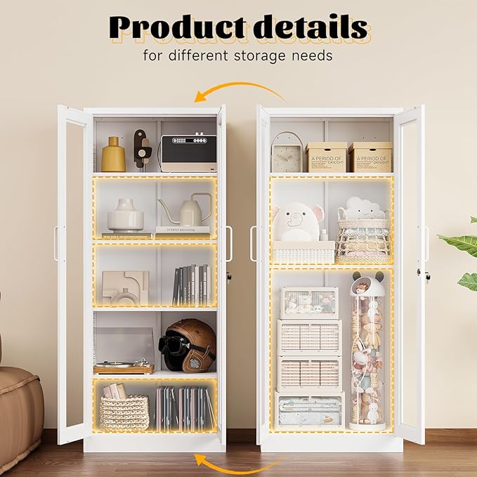 Metal Storage Cabinet with Lock and Glass Doors,Glass Display Cabinet,67" Tall White Storage Cabinets,Locking Curio Cabinets with 5 Shelves for Collectibles,Home,Office,Living Room