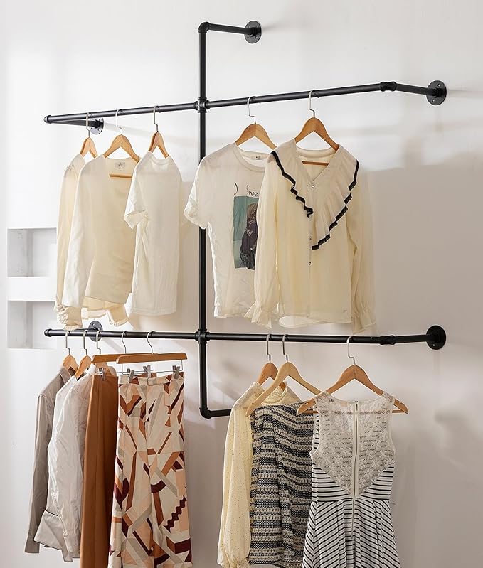 Industrial Pipe Clothing Rack - Wall Mounted Garment Rack as Walk-in Closet System. Sturdy Open Wardrobe for Hanging Clothes - Heavy Duty Clothes Rack with Four Hanging Rods for Home