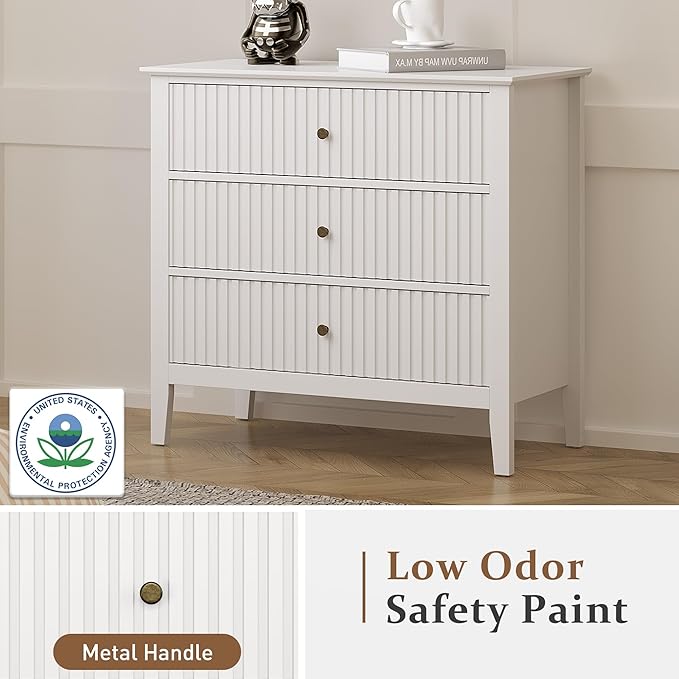 RoyalCraft White Fluted 3 Drawer Dresser, 32 inch Wide Dresser Nightstand for Bedroom, Modern Wood Chest of Drawers, Large Painted Nightstand with 3 Drawers for Closet, Hallway, Entryway