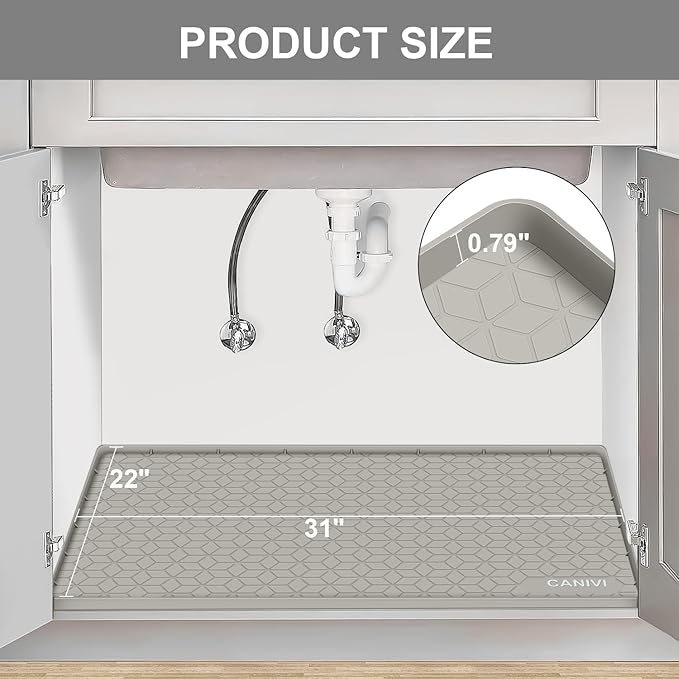 Under Sink Mat, 31" x 22" Waterproof Silicone Under Sink Tray for Kitchen & Laundry Cabinets, Kitchen Cabinet Shelf Protector, Up to 3.2 Gallons Liquid, Fits 36 inch Standard Cabinet (Khaki)