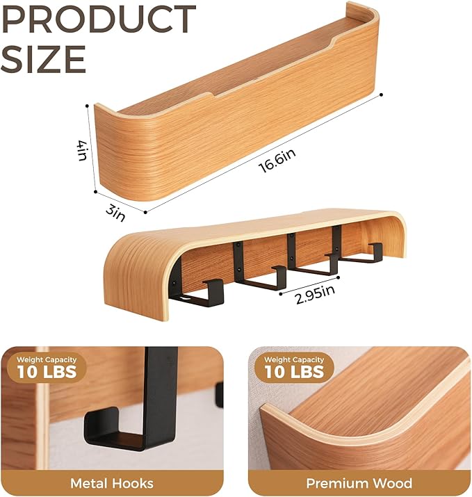 Wall Coat Rack Floating Shelves Modern Coat Rack Wall Mount with Storage Entryway Shelf Wooden Hanger 20 Inch 4 Hidden Metal Hooks for Living Room Bedroom (Oak, 4 Hooks)