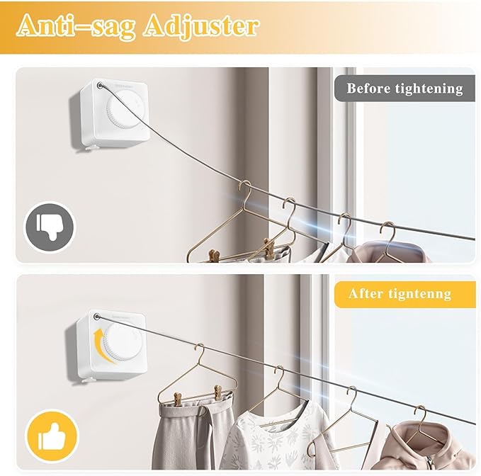 Retractable Clothesline Indoor, Non-Sagging Outdoor Clothes Line retracting,15.4 Ft Heavy-Duty Clothes Drying Laundry Line,Wall Mounted Stainless Steel Line (White)