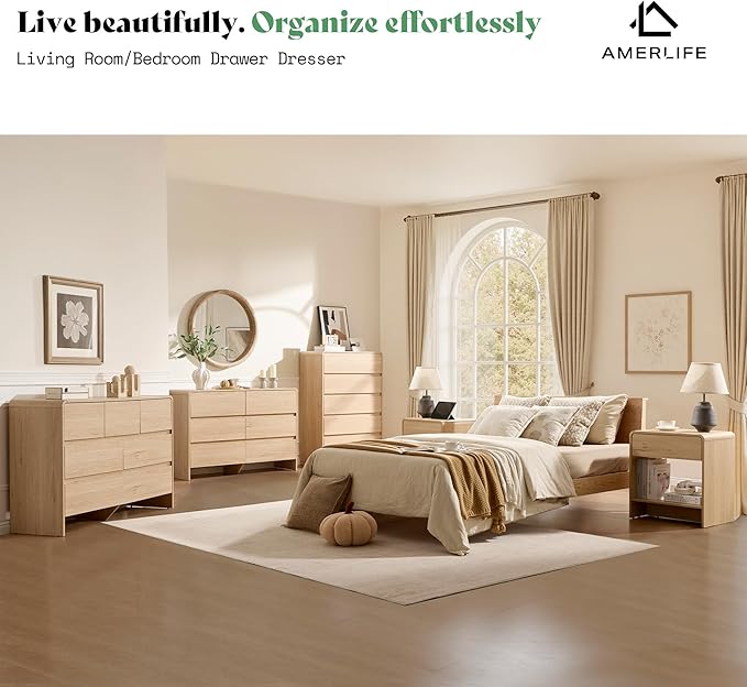 AMERLIFE 5 Drawer Dresser for Bedroom, 48" Tall Modern Chest of Storage Drawers with Rounded Corners, Anti-Tip Kit, Wood Cabinet Organizer for Closet, Apartment, Nursery, Easy Assembly, Light Oak