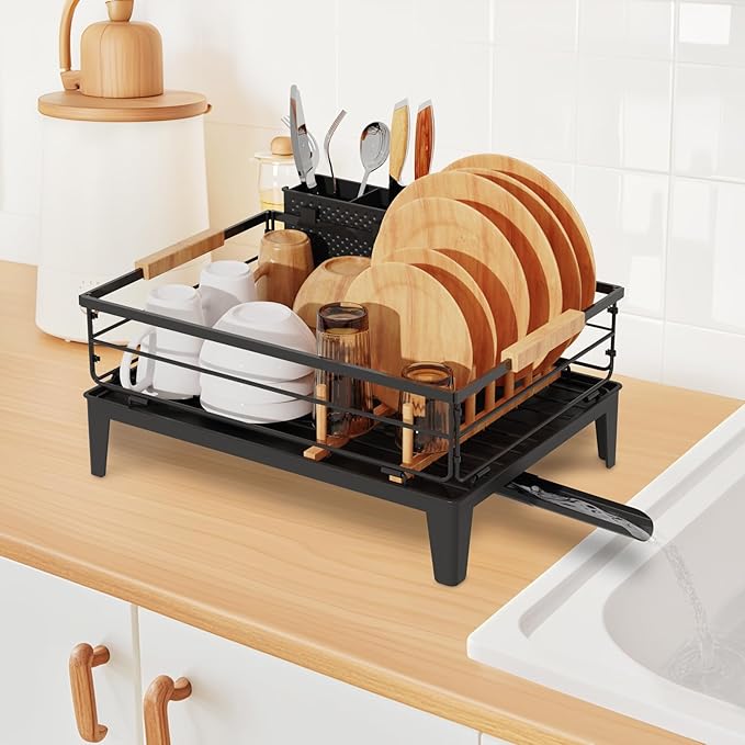 JYPS Dish Drying Rack for Kitchen Counter Decor with Drainboard Auto-Drain，Rustproof Dish Rack Drainers with Utensil Holder, Wooden Handles，360° Rotatable Drainer, Higher Legs (Black)