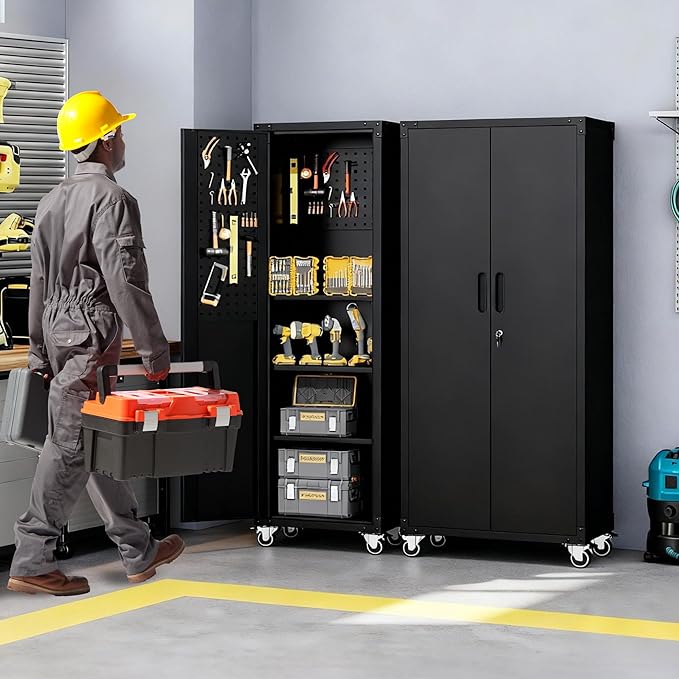 Rolling Tool Cabinet with Pegboard, 71" Tool Cabinets with 4 Adjustable Shelves for Garage, Tool Room, Assembly Required(Black)