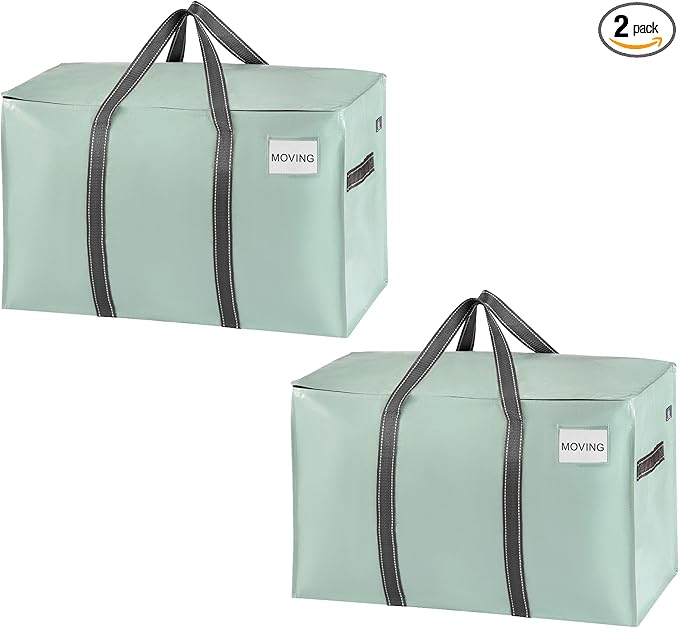 VENO 2 Pack Moving Bags and Large Christmas Storage Bins with lids. Alternative to Moving Boxes, Packing Supplies for College. Extra Large Heavy Duty Totes for Packaging (Shiny Light Green, 2 Pack)