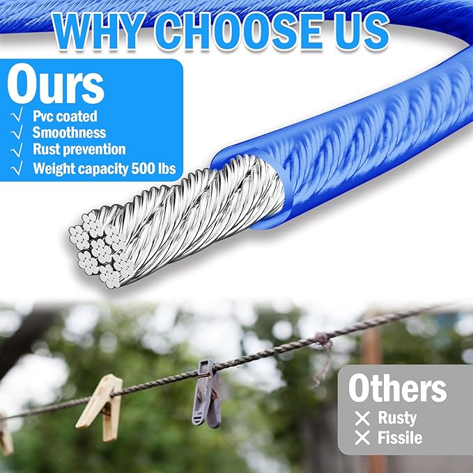 40ft Clothes Line Outdoors 3/16" Wire Ropes Blue PVC Coating Laundry Drying Clothesline with Metal Hooks and Snap Heavy Duty for Umbrella Travel Outside Camping Backyard