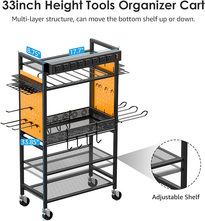 CCCEI Power Tool Organizer Cart with Charging Station, Garage Floor Rolling Storage Cart on Wheels for Mechanic, Mobile 6 Drill, Tool Box Utility Cart with Power Strip, Yellow.