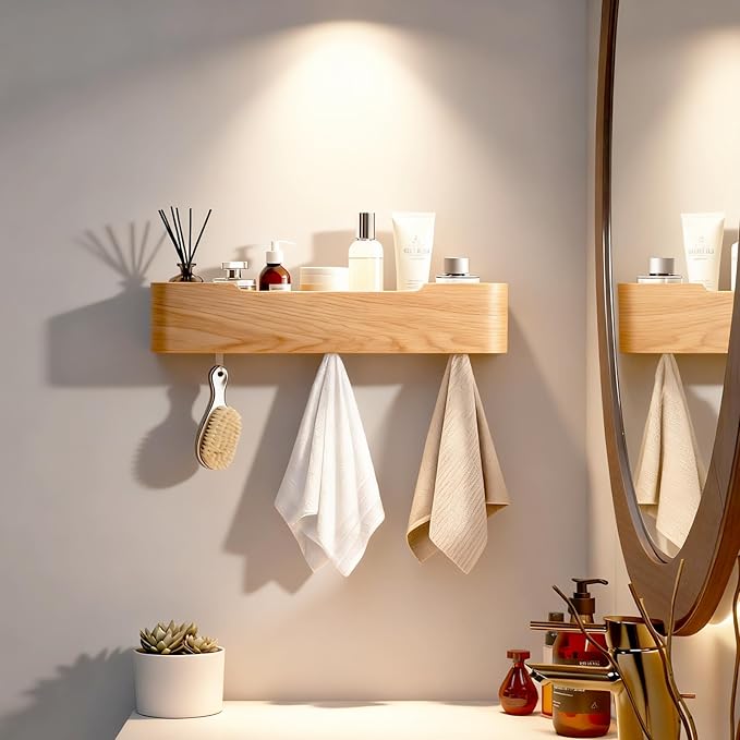 Wall Coat Rack Floating Shelves Modern Coat Rack Wall Mount with Storage Entryway Shelf Wooden Hanger 20 Inch 4 Hidden Metal Hooks for Living Room Bedroom (Oak, 4 Hooks)