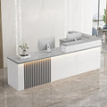 Receptionist Desk with LED Light，Wooden Salon Checkout Counter with Storage Drawer & Keyboard Tray Modern L-Shaped Reception Desk for Barbershop Office Company Store