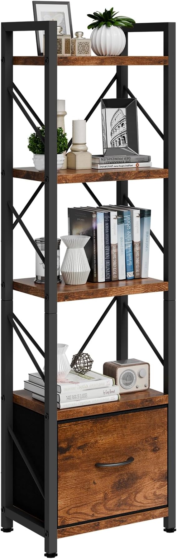 Vongrasig 5 Tier Bookshelf with Drawer, Industrial Tall Narrow Bookcase, Display Shelf Modern Wood and Metal Bookshelves, Free Standing Storage Organizer for Office, Living Room