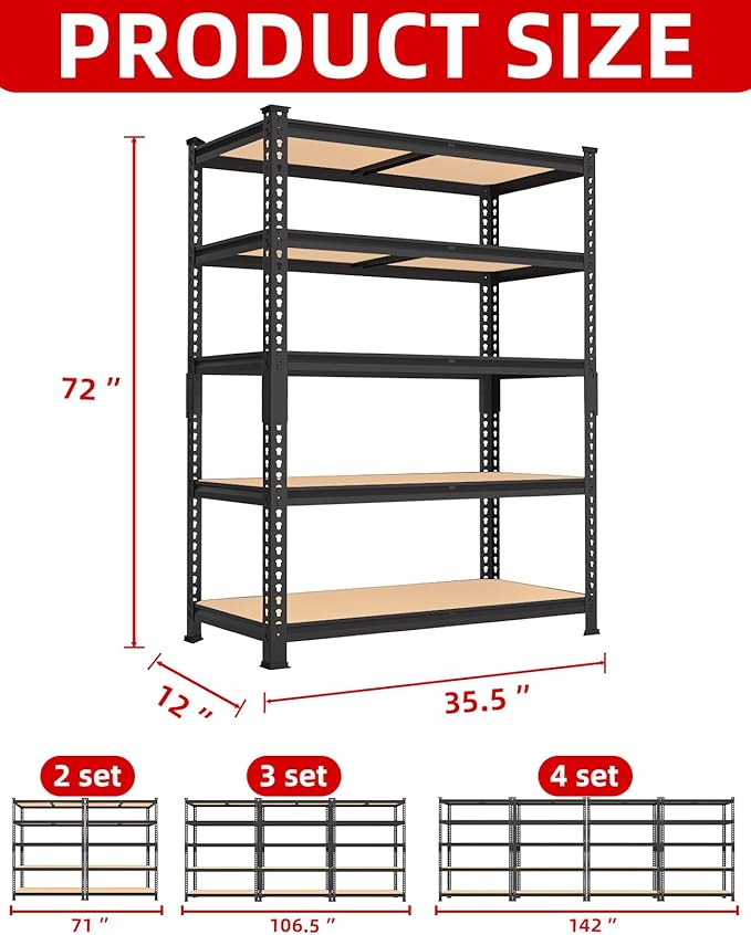 PrimeZone 35.5" x 12" x 72" Heavy Duty Storage Shelves - 5 Tier Adjustable Garage Storage Shelving, Metal Storage Utility Rack Shelf Unit for Warehouse Pantry Closet Kitchen, Black, 3 Pack