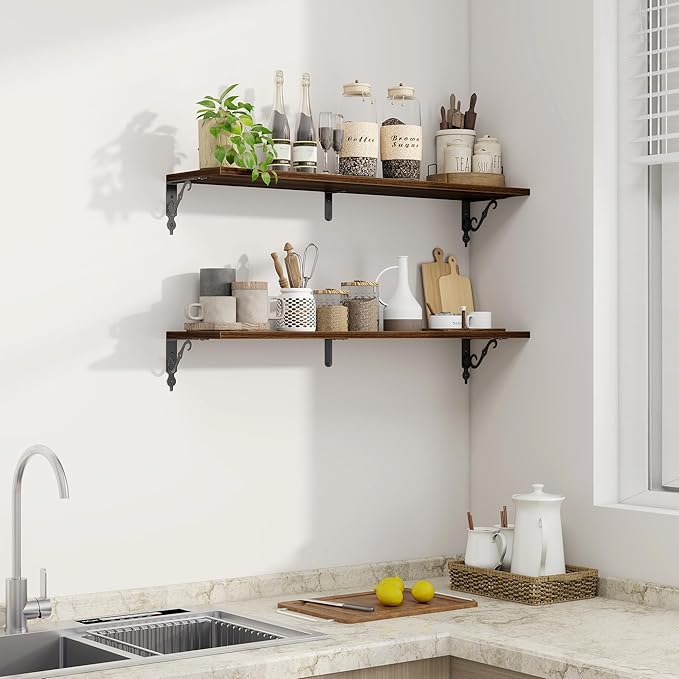 36 Inches Floating Shelves, Rustic Long Wall Shelves, 8 Inch Deep Book Shelf Wall Mounted with Bracket, Wide Display & Storage Shelves for Living Room, Bathroom, Bedroom, Walnut, Set of 2
