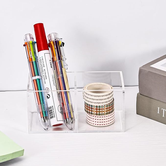 Acrylic Drawer Organizer, Dedoot Clear 2 Compartment 2 Section Makeup Organizer Transparent Plastic Makeup Brush Holder Makeup Jewelry Accessories Storage Acrylic Square Cube Box,5x2.5x2.3 Inch,2 Pack