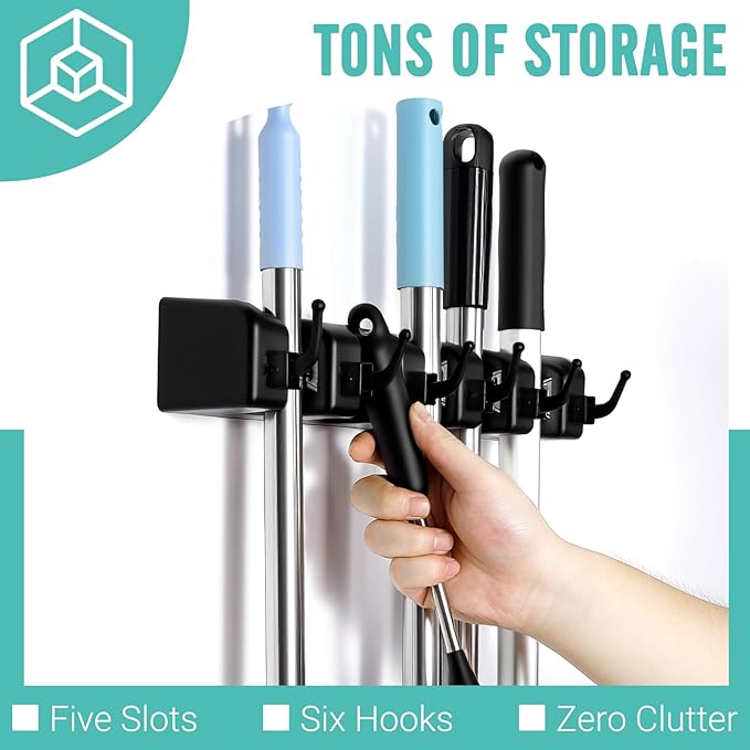 Broom and Mop Holder, Wall Mounted Organizer Mop and Broom Storage Tool Rack with 5 Ball Slots and 6 Hooks (1Pack)