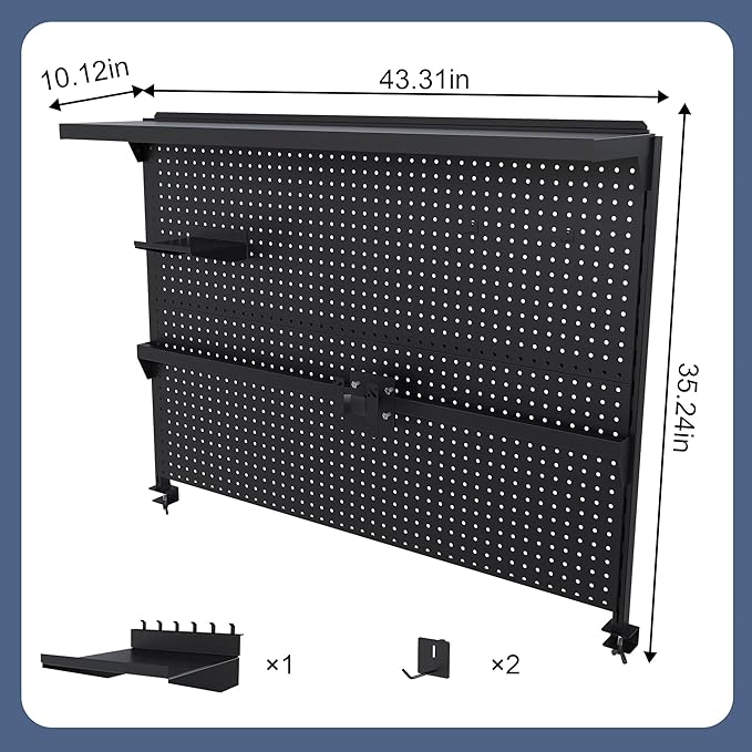 KEIKI Clamp-On Desk Pegboard with Single Monitor Stand, 43" x 35" Steel Peg Board Office Organizer with Hooks, Movable Panel & Shelf for Office Supplies, Gaming Setup & Desk Organization, Black