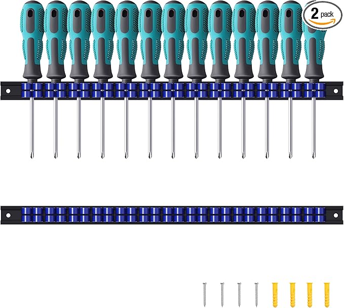 2 Pack Wall-Mounted Screwdriver Organizers with Screws - Heavy-Duty ABS Plastic Tool Holder for Screwdrivers, Wrenches, Piers - Garage Workshop Storage (Blue,2 PCS)