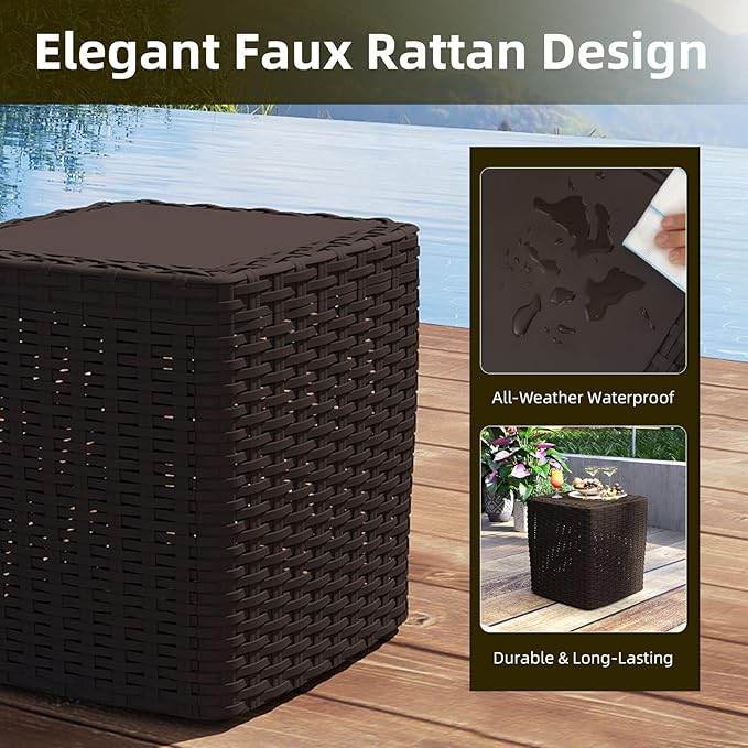 35 Gallon Outdoor Storage Box, Faux Rattan Deck Box with Removable Lid & Lockable Feature, All-Weather Waterproof Storage Bench for Poolside, Garden Tools Delivery Packages, Brown
