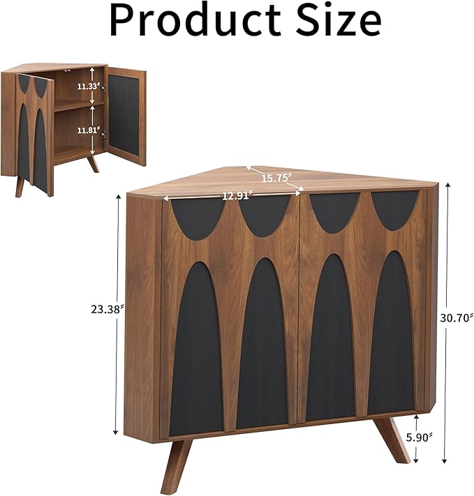 Small Corner Cabinet,Corner Floor Cabinet with Adjustable Doors and Shelve, Freestanding Narrow Storage Organizer for Kitchen Living Room Bathroom (Walnut and Black)