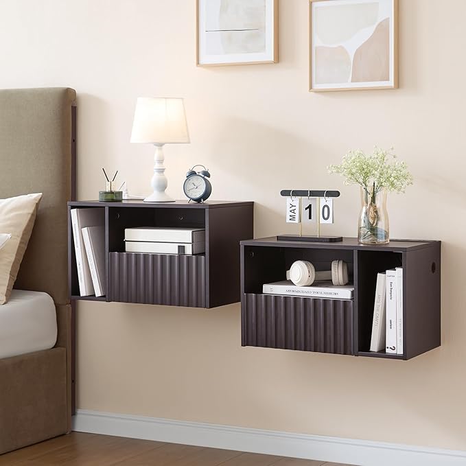 Modern Espresso Fluted Floating Nightstand with Charging Station, NightStand with Drawers, Bedside with USB Ports and Outlets, Bedroom Furniture (Set of 2)