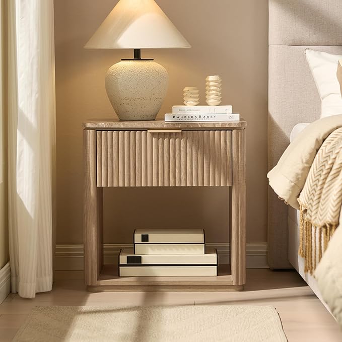 Fluted Nightstand with Drawer, Bedside Table with Faux Marble-Top, Engineered Wood Side Table with Open Shelf, Curved Corners, Metal Handle, Modern Night Stand for Bedroom, Small Spaces, Natural Oak