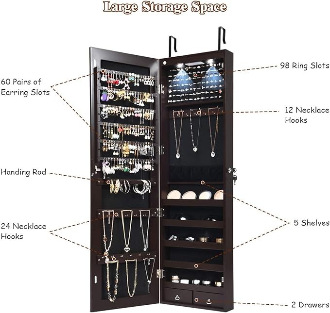 Giantex Wall Door Mounted Jewelry Armoire Cabinet with 47.5" H Full Length Mirror, 2 LEDs Lockable Jewelry Organizer Box with Bracelet Rod, 2 Drawers, Large Storage Capacity (Espresso)