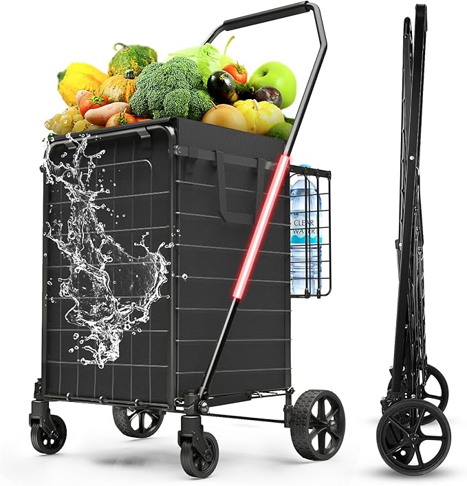3.7 Cu Ft Folding Shopping Cart - 380 LB Capacity Grocery Cart with 360° Braked Swivel Wheels - Heavy Duty Utility Cart with Double Basket & Removable Waterproof Liner with Lid for Laundry