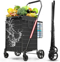3.7 Cu Ft Folding Shopping Cart - 380 LB Capacity Grocery Cart with 360° Braked Swivel Wheels - Heavy Duty Utility Cart with Double Basket & Removable Waterproof Liner with Lid for Laundry