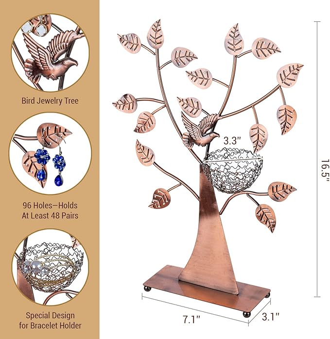 MyGift 14-Inch Modern Bronze Jewelry Organizer Tree with Bird Nest – Holds 48 Earrings, Necklace & Bracelet Stand, Metal Tabletop Display for Rings, Trinkets – Decorative Storage for Home Décor