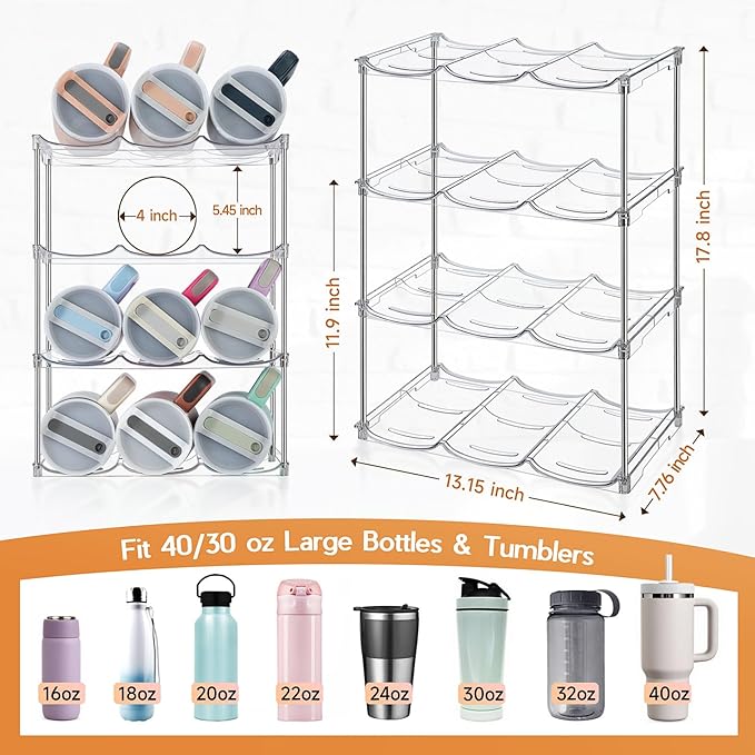 Water Bottle Organizer for Stanley 40 oz Tumbler, Stackable Water Bottle Holder for Kitchen Fridge Cabinet Organization and Storage, Plastic Wine Rack/Drink Bottle Holder (4 Pack - Hold 12)