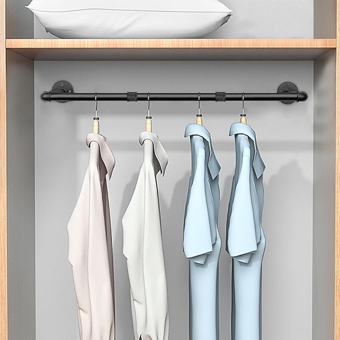 Industrial Iron Pipe Clothes Hanging Bar DIY Wall-Mounted Garment Rack Heavy Duty Clothing Rack for Bedroom, Laundry Room, Closet Storage (Black 40 inch)