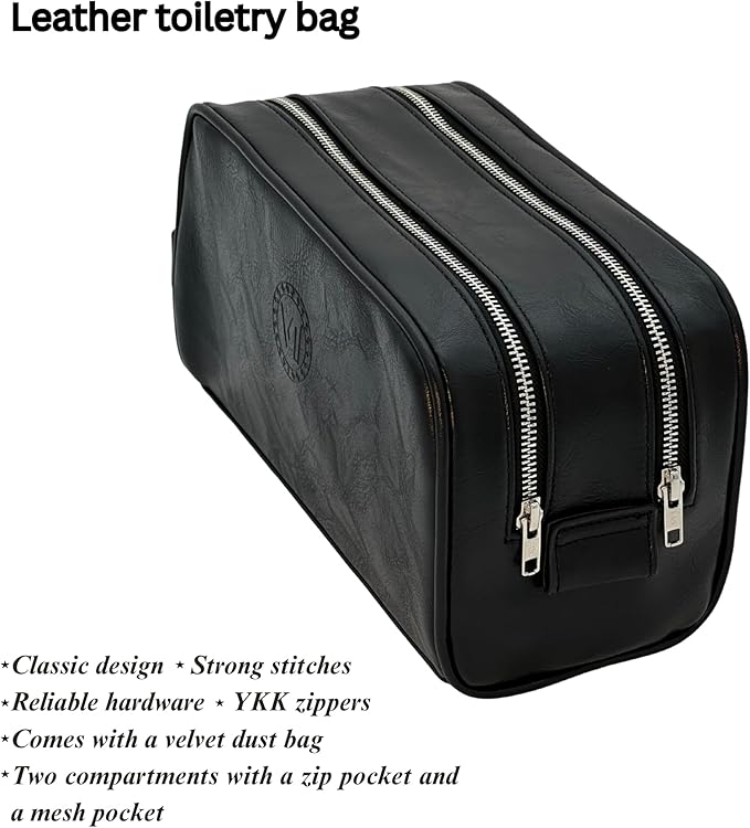 Dopp Gift Large Travel Toiletry Bag Premium Quality PU Leather Two compartments YKK Zippers Water-resistant Bottom Studs Mesh Pockets Durable Cosmetic Organizer BLACK